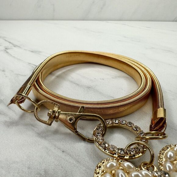 Sophia Collection Faux Pearl Rhinestone Bow Stretch Cinch Belt Size XS Small S - Picture 4 of 9